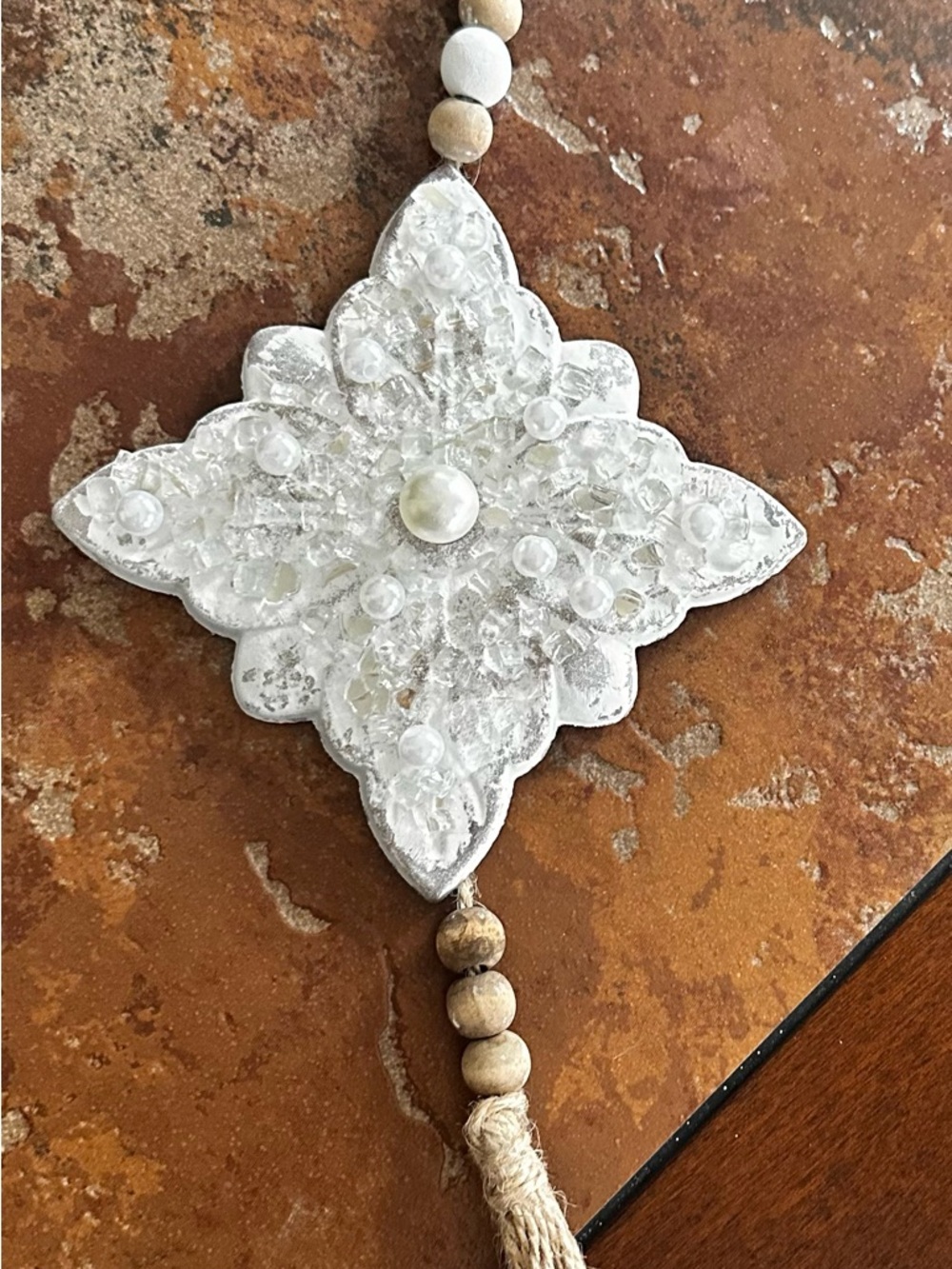 Hand crafted Beaded White Floral hanging Ornament with Tassel - Picture 9 of 11